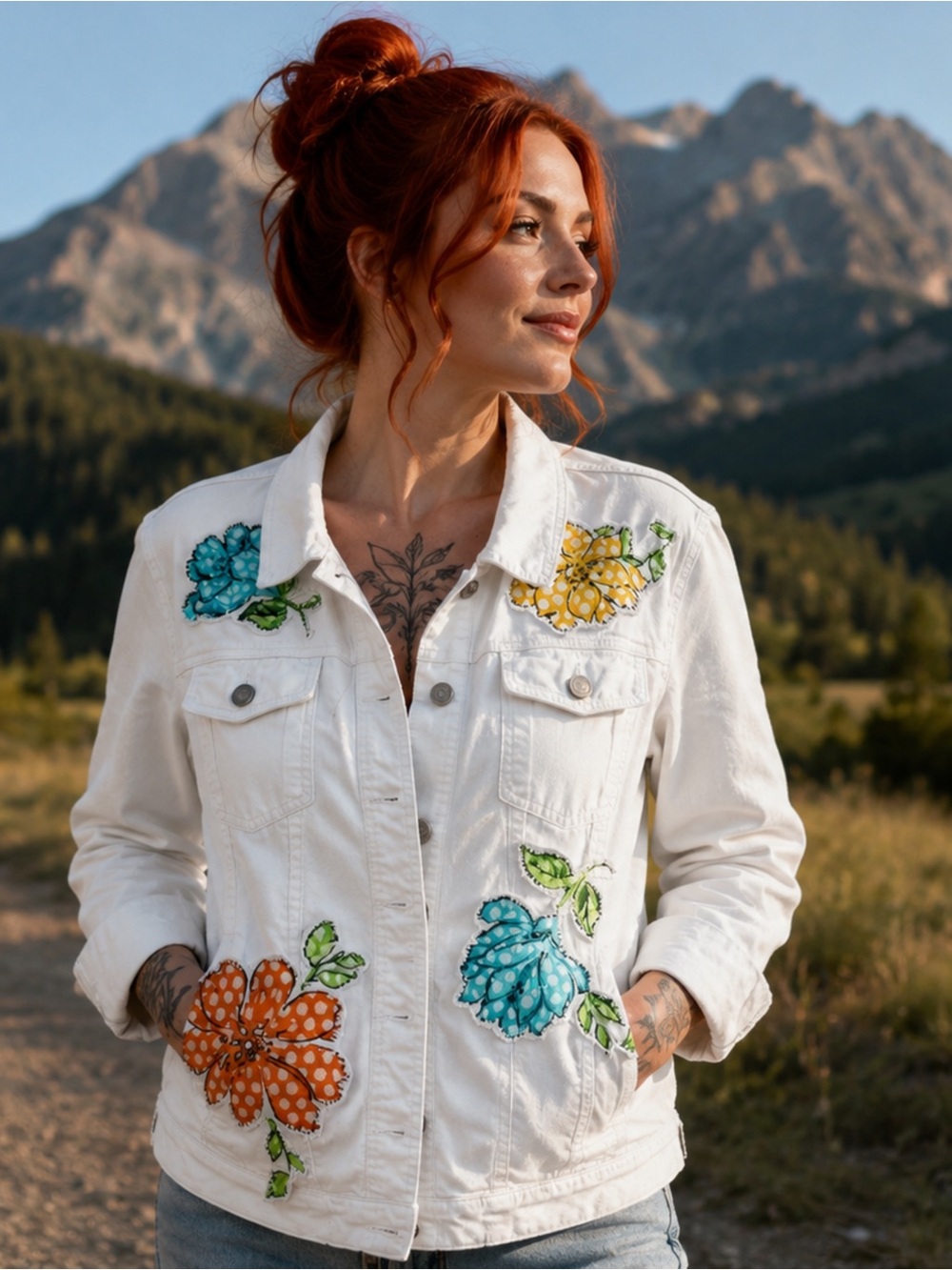 Up cycled White Floral Appliqué Jean Jacket - Women